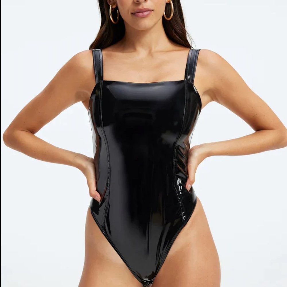 Good American Black Vinyl Contour Bodysuit